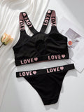 Conjunto De Sujetador Y Braguita Inalambricos Para Mujeres Con Impresion De Letra Y Corazon, Estilo Deportivo Casual Y Comodo