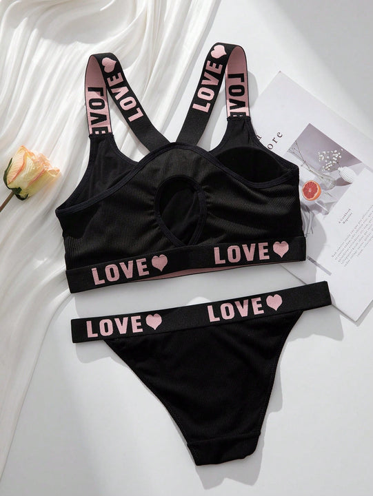 Conjunto De Sujetador Y Braguita Inalambricos Para Mujeres Con Impresion De Letra Y Corazon, Estilo Deportivo Casual Y Comodo
