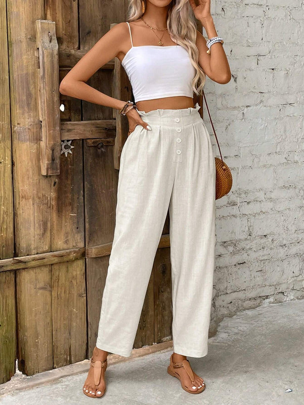 Frenchy Pantalones conicos y de lino con adornos de botones de estilo casual y vacaciones para mujeres