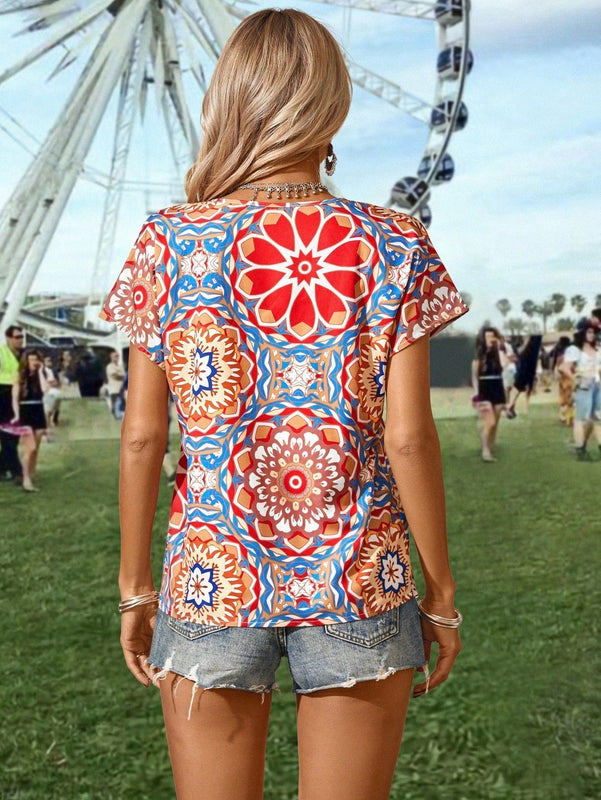 VCAY Blusa De Manga Corta Con Estilo De Vacaciones Con Patron Floral Para Mujer