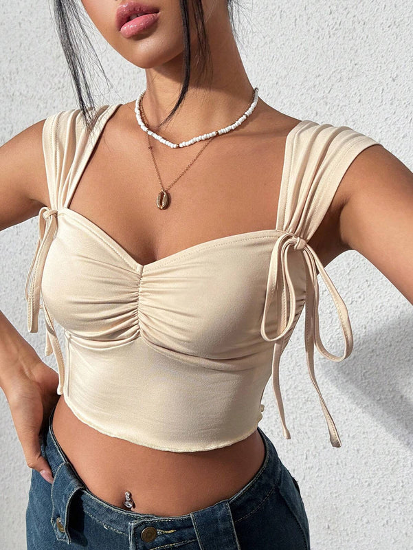 Top De Camisola De Tirantes Con Cuello De Corazon, Pliegues Y Corbata En La Parte Trasera Para Mujeres