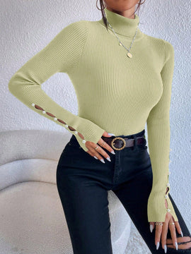Prive Sueter De Cuello Alto De Manga Larga Para Mujer Con Punos Calados Sin Costuras