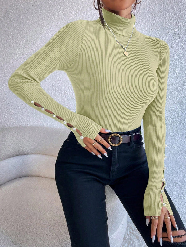 Prive Sueter De Cuello Alto De Manga Larga Para Mujer Con Punos Calados Sin Costuras