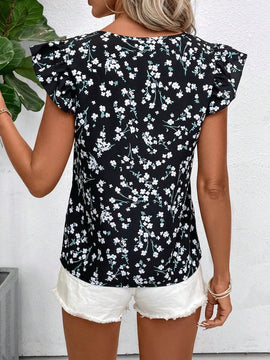Blusa Negra Estampada De Manga Corta Y Moda Con Cuello En V Para Mujeres