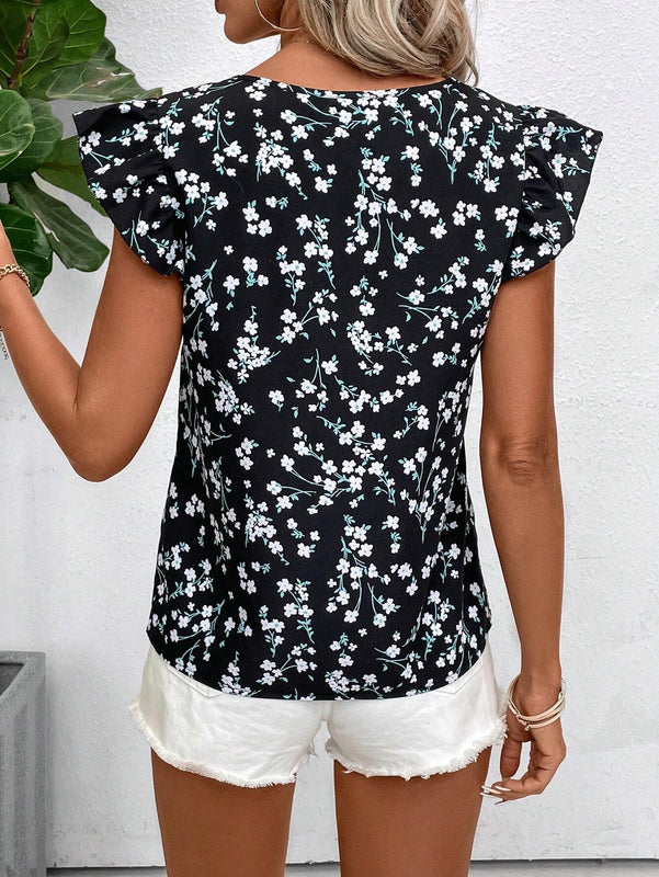 Blusa Negra Estampada De Manga Corta Y Moda Con Cuello En V Para Mujeres