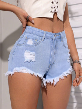 PETITE Pantalones Cortos De Mezclilla Con Dobladillo Desgastado