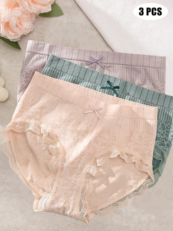 Paquete de 3 tangas de triangulo de alta elasticidad para mujeres con patron floral y ribete de encaje en varios colores