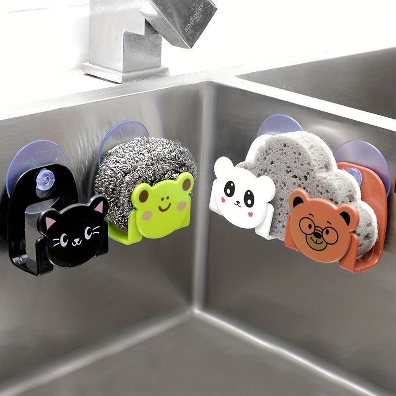 Soporte de esponja con ventosa de animal de dibujos animados - Organizador lindo del fregadero de la cocina, soporte de jabón sin contacto con alimentos con drenaje para esponjas y estropajos, gancho adhesivo para toallas para accesorios de baño y cocina