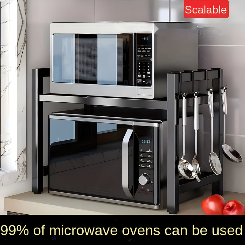 1pc-Estante para Microondas Expansible, Soporte de Cocina con Estante y Gancho para Vajilla en Acero al Carbón con 6 Ganchos - Regalos del Día de la Madre para Esposa
