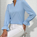 Mulvari Blusa De Manga Acampanada De Cuello En V Con Muesca De Color Solido Para Mujer