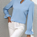 Mulvari Blusa De Manga Acampanada De Cuello En V Con Muesca De Color Solido Para Mujer