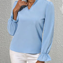 Mulvari Blusa De Manga Acampanada De Cuello En V Con Muesca De Color Solido Para Mujer