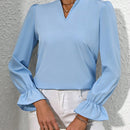Mulvari Blusa De Manga Acampanada De Cuello En V Con Muesca De Color Solido Para Mujer