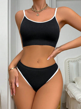 Conjunto De Sujetador Sin Costuras De Cami Con Tanga, Con Diseno De Empalme En Blanco Y Negro Para Mujer