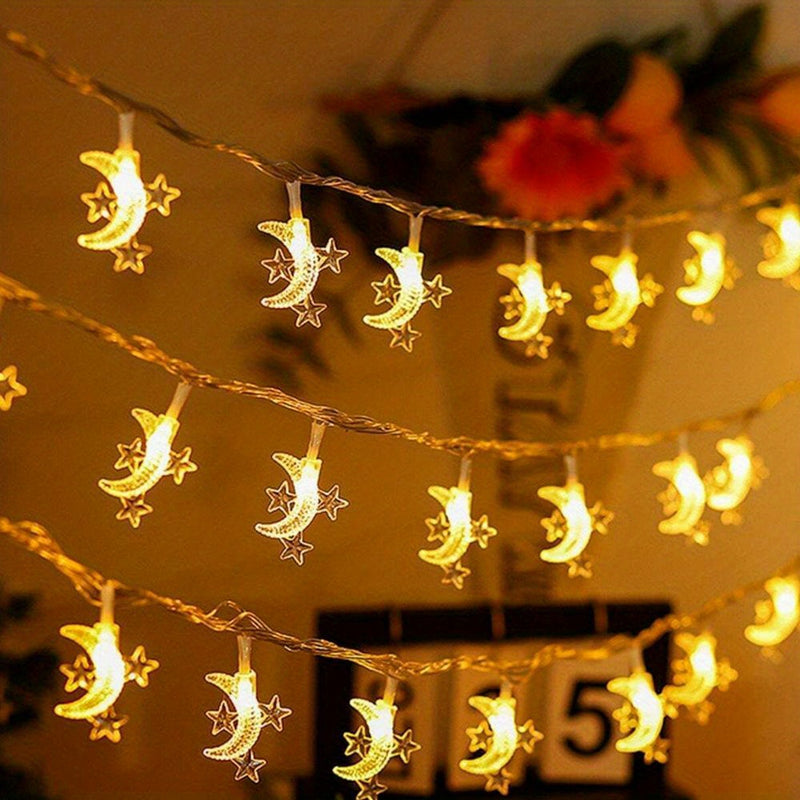 1pc Luces de cuerda LED Majisu Moon, alimentadas por batería, control por botón, luces de hada decorativas para interior para Ramadan, montable en pared, no impermeable, ≤36V