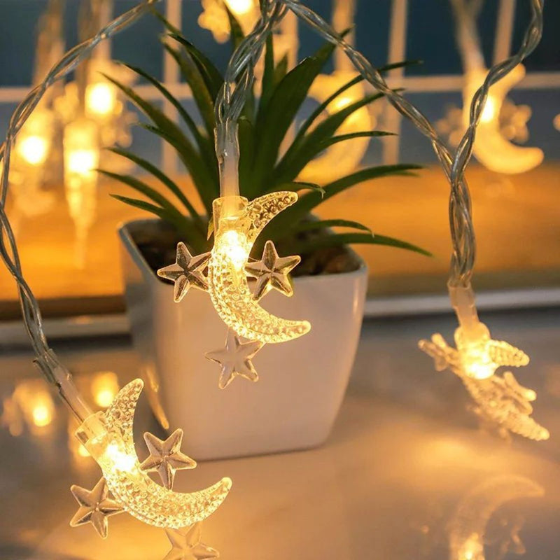1pc Luces de cuerda LED Majisu Moon, alimentadas por batería, control por botón, luces de hada decorativas para interior para Ramadan, montable en pared, no impermeable, ≤36V