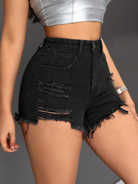 PETITE Pantalones Cortos De Mezclilla Desgastados Y Deshilachados Para Mujer