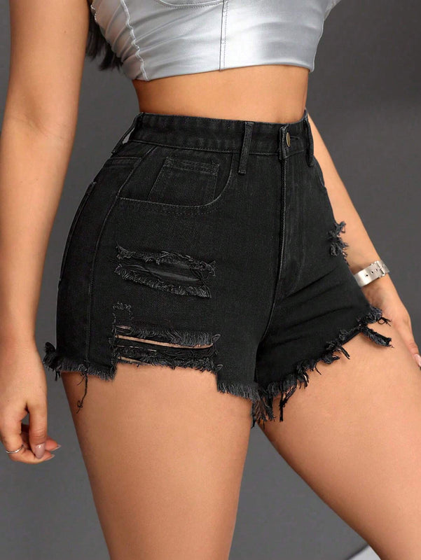 PETITE Pantalones Cortos De Mezclilla Desgastados Y Deshilachados Para Mujer