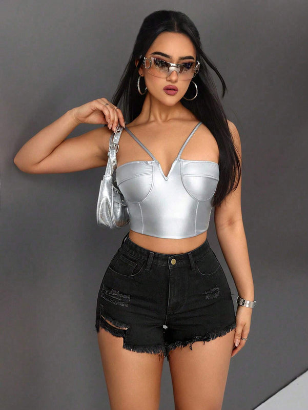 PETITE Pantalones Cortos De Mezclilla Desgastados Y Deshilachados Para Mujer