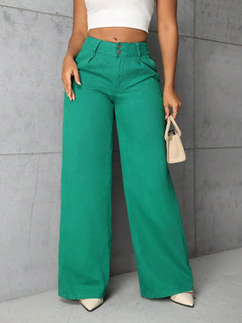 Jeans De Moda Para Mujeres Con Pierna Ancha De Color Solido
