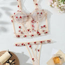 Conjunto De Lenceria De Malla Bordada Floral Para Mujeres