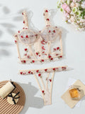 Conjunto De Lenceria De Malla Bordada Floral Para Mujeres