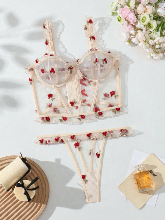 Conjunto De Lenceria De Malla Bordada Floral Para Mujeres