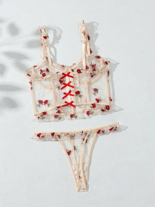 Conjunto De Lenceria De Malla Bordada Floral Para Mujeres