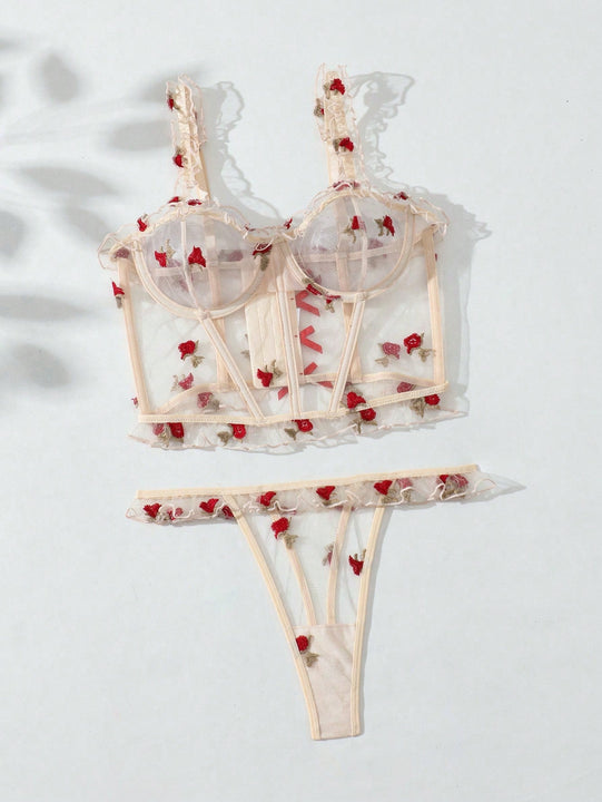 Conjunto De Lenceria De Malla Bordada Floral Para Mujeres