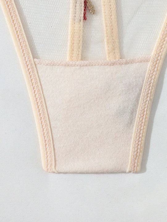 Conjunto De Lenceria De Malla Bordada Floral Para Mujeres