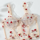 Conjunto De Lenceria De Malla Bordada Floral Para Mujeres
