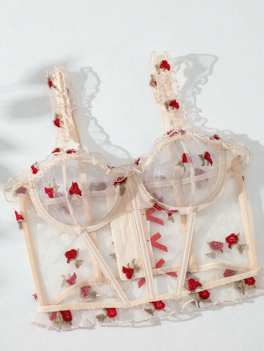 Conjunto De Lenceria De Malla Bordada Floral Para Mujeres