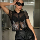 ICON Camisa Transparente De Malla Con Estampado De Llama Con Diamantes De Imitacion