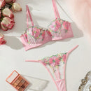 Conjunto De Lenceria De Malla Con Bordado Floral Para Mujer