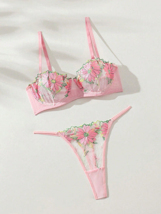 Conjunto De Lenceria De Malla Con Bordado Floral Para Mujer