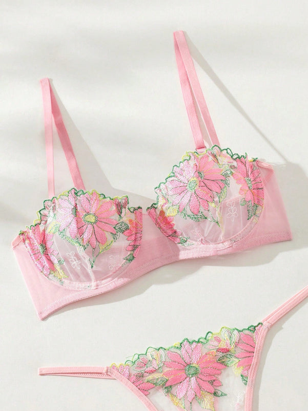 Conjunto De Lenceria De Malla Con Bordado Floral Para Mujer