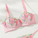 Conjunto De Lenceria De Malla Con Bordado Floral Para Mujer