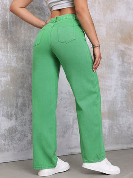 EZwear Jeans De Pierna Recta De Senora Casual De Talle Alto Y Corte Amplio