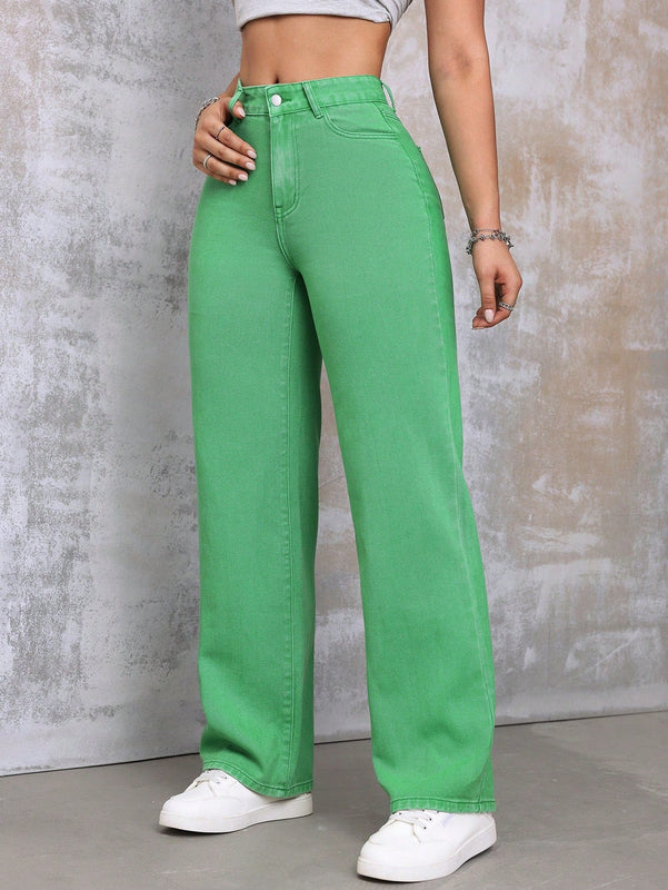EZwear Jeans De Pierna Recta De Senora Casual De Talle Alto Y Corte Amplio