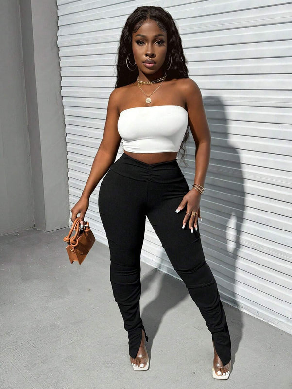 Slayr Leggings , Sexys Y Casuales Con Abertura, Cintura Recortada, Ajuste Cenido, Pliegues De Alta Elasticidad Y Apilados