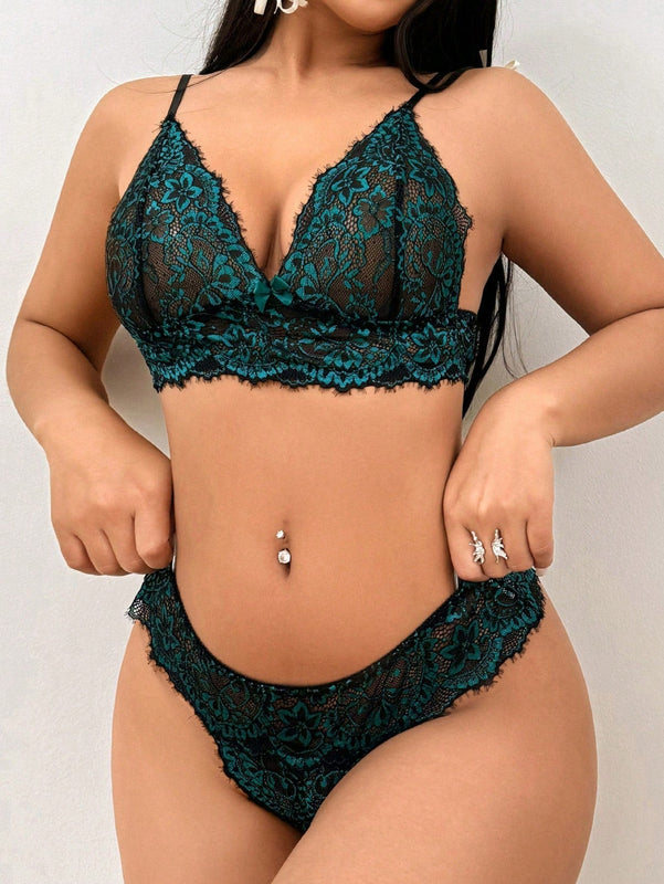 Juego De 2 Piezas De Bralette Y Panties Sexy Para Mujeres De Doble Tono De Encaje Sin Alambre
