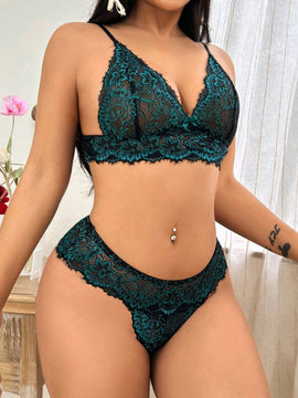 Juego De 2 Piezas De Bralette Y Panties Sexy Para Mujeres De Doble Tono De Encaje Sin Alambre