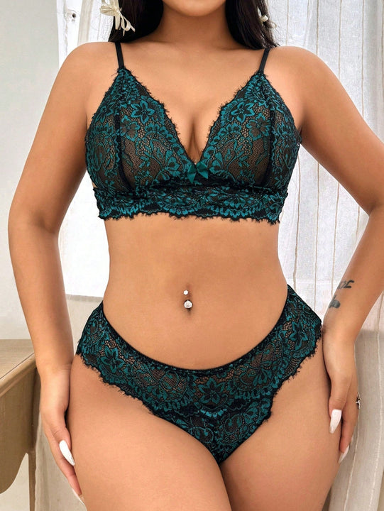 Juego De 2 Piezas De Bralette Y Panties Sexy Para Mujeres De Doble Tono De Encaje Sin Alambre