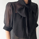 FRIFUL Blusa De Manga Corta Con Burbujas Transparente De Malla Con Cuello De Corbata Para Mujer