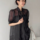 Camisa De Mujer Con Estampado De Lunares, Cuello Con Lazada