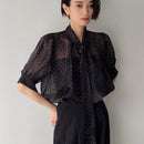 Camisa De Mujer Con Estampado De Lunares, Cuello Con Lazada