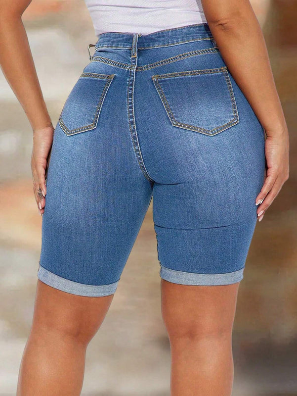 Pantalones Cortos De Mezclilla Desgastados Y Ajustados Para Mujer