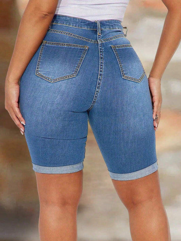 Pantalones Cortos De Mezclilla Desgastados Y Ajustados Para Mujer