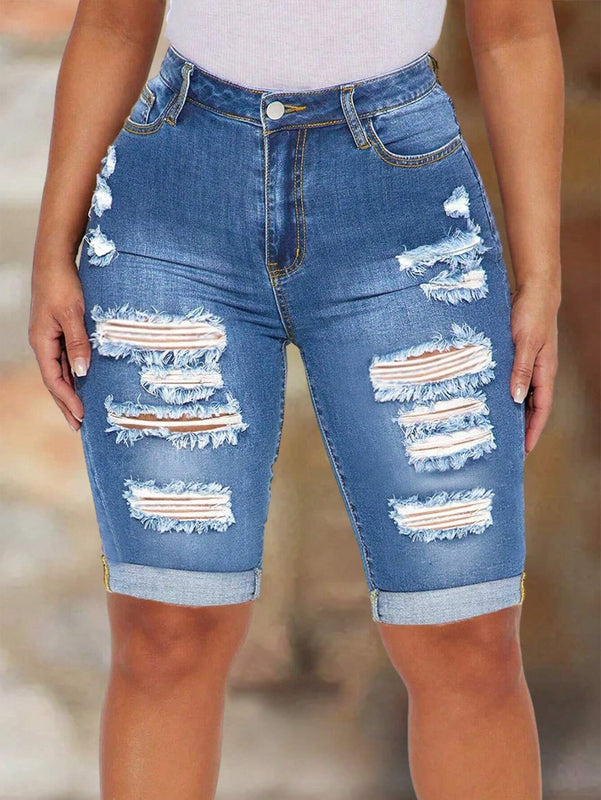 Pantalones Cortos De Mezclilla Desgastados Y Ajustados Para Mujer