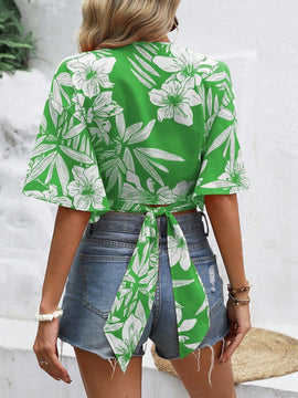 VCAY Camisa De Mujer Estampada Floral Con Nudo Frontal